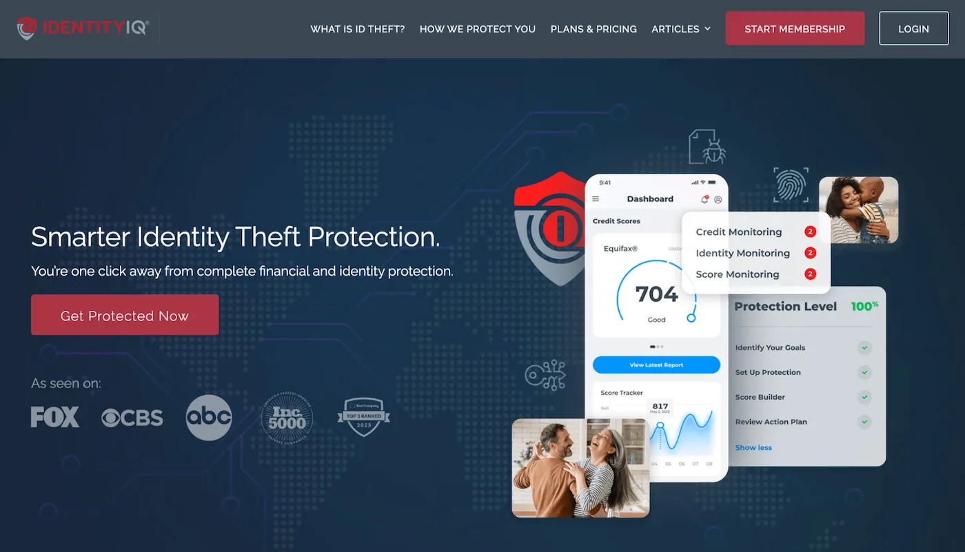 IdentityIQ homepage showing a UX version of the product and a title that reads “Smarter Identity Theft Protection.”